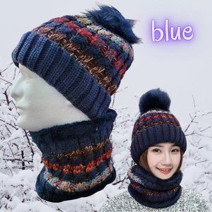 Thick beanie hat with pompoms and scarf set